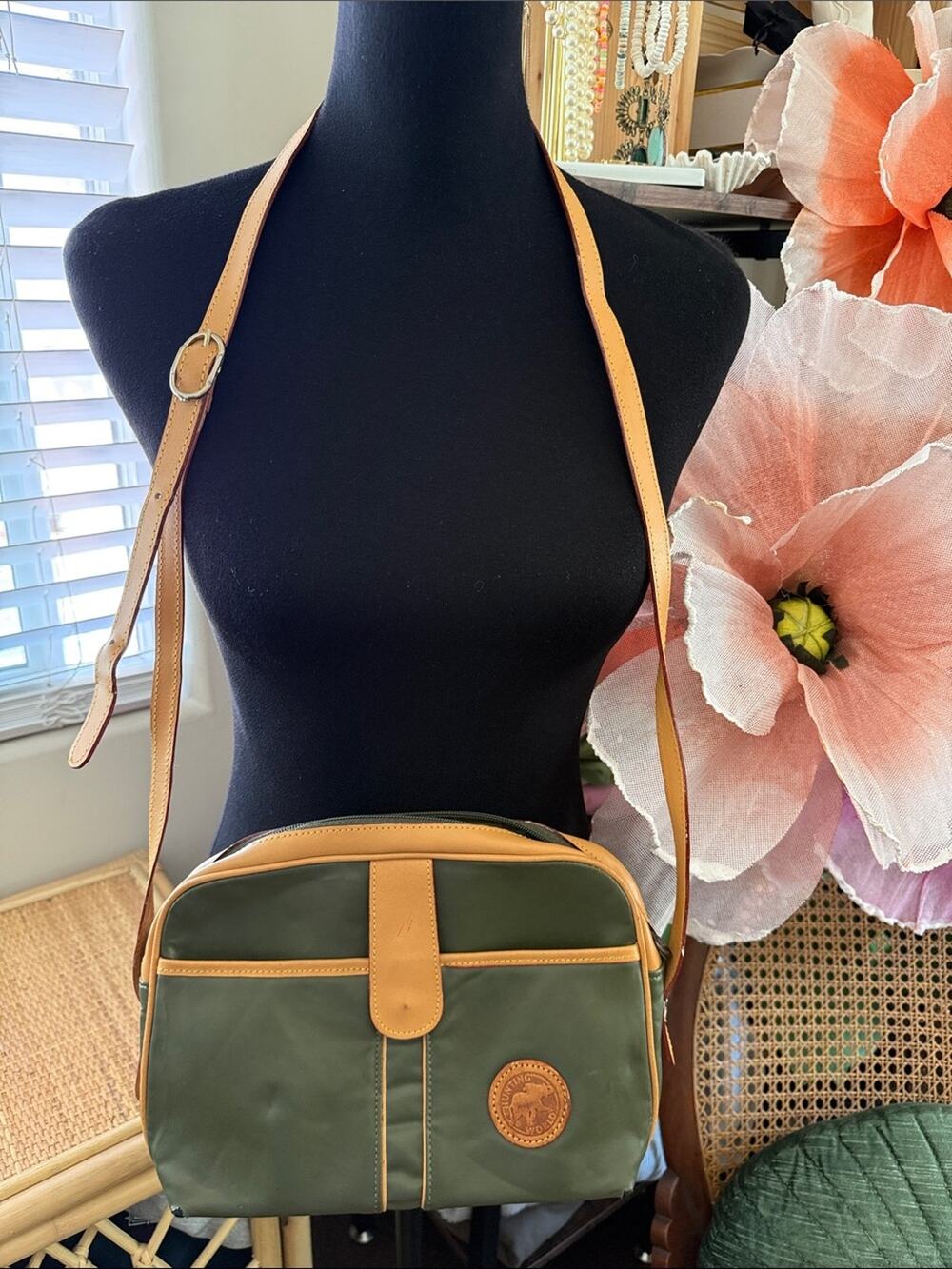 Vintage Hunting World Green & Tan Equestrian Safari Explorer Chic Crossbody Bag
